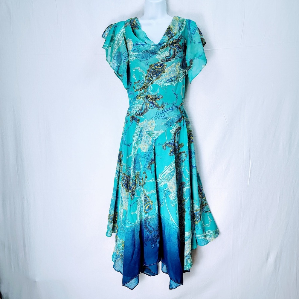 Fairycore Beaded Dress Sz‎ 8 Robbie Bee Y2K 90s Cowl Neck Handkerchief Hem